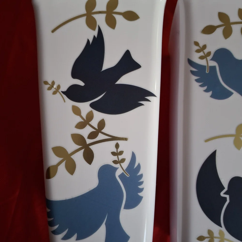 White Vases with Blue and Gold Bird Design
